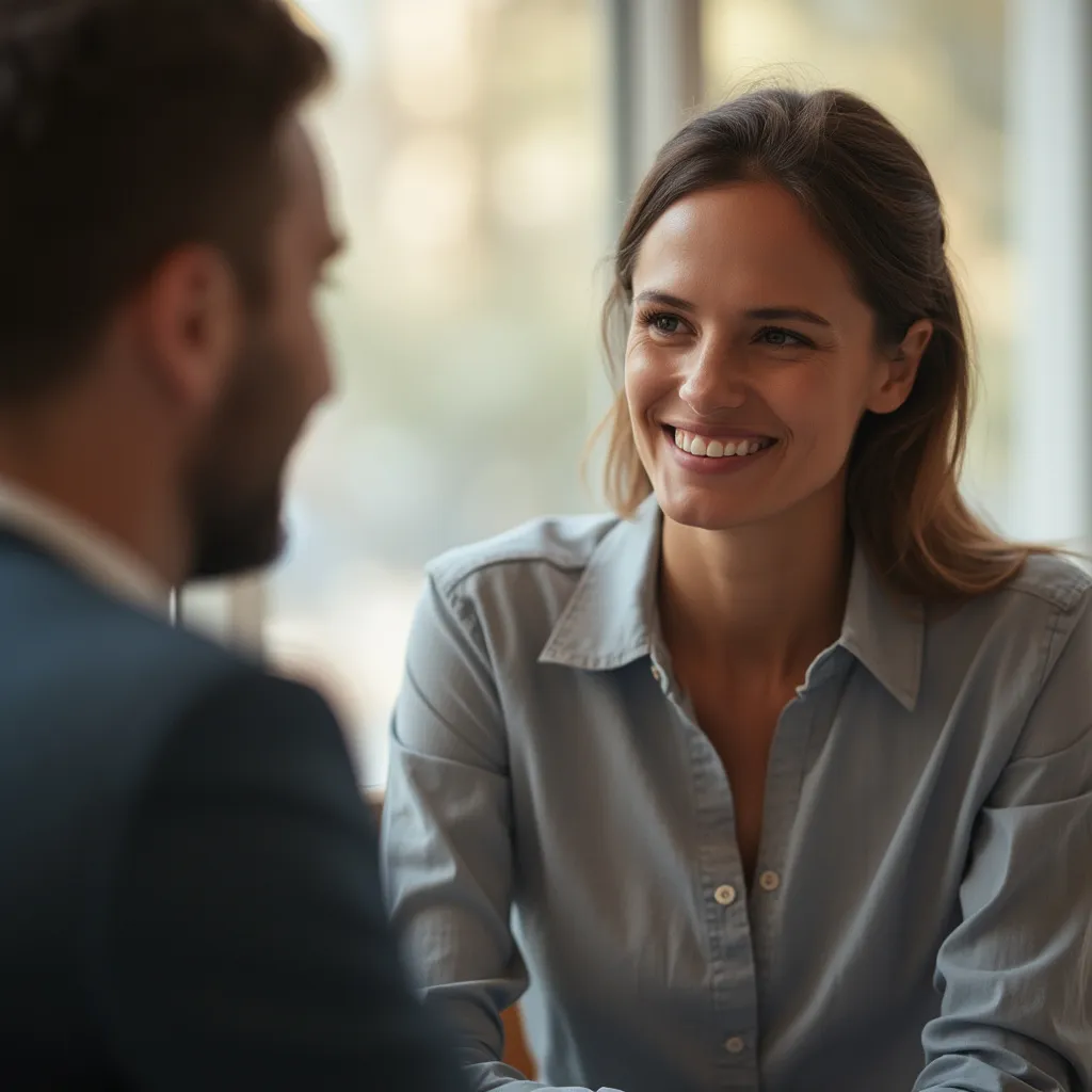 Coach souriant discutant avec un client dans un environnement lumineux